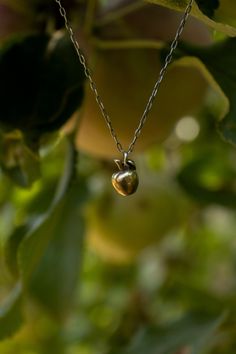 "A simple, yet elegant, tiny golden apple necklace. This adorable realistic apple is 3D and made from solid cast raw brass. It dangles from a delicate solid sterling silver chain.  A patina has been added to create an antique look. The sterling silver chain is included with this purchase. I have two chain length options to choose from: 16\" and 18\". Please pick your preferred chain length from the drop down menu. In ancient mythology, the apple is one of the most sacred trees and symbolises goo Golden Apple Aesthetic, Golden Necklace Aesthetic, Apple Jewelry, Snow White Apple, Apple Necklace, Fruit Necklace, Fruit Jewelry, Ancient Mythology, Gold Apple