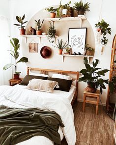 a bedroom with plants on the shelves above the bed