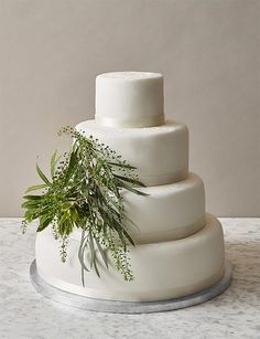 a three tiered white cake sitting on top of a marble counter next to a potted plant