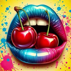 a painting of two cherries sticking out of the lips