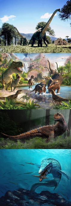 an image of dinosaurs and other animals in the water