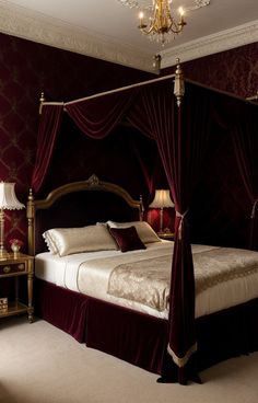 a bedroom with a canopy bed, chandelier and two lamps on the nightstands