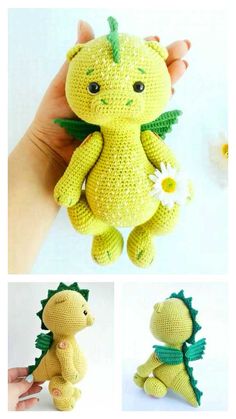 crocheted dragon stuffed animal being held by someone's hand with flowers in the foreground