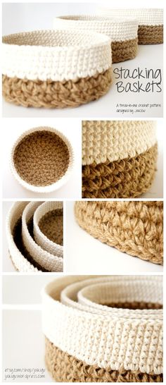 crocheted baskets are stacked together and ready to be used