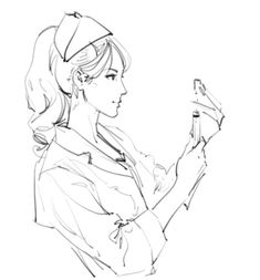 a drawing of a woman holding an object in her hand