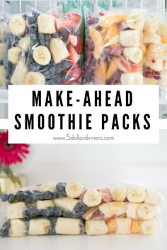 some bananas, blueberries and strawberries in plastic bags with text overlay that says make - ahead smoothie packs