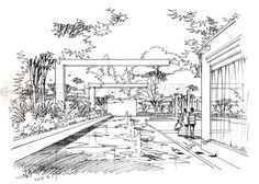 an ink drawing of a garden