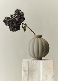 a white vase with a purple flower in it on a pedestal next to a wall