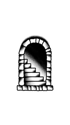 a black and white drawing of a stone arch with steps leading up to the top