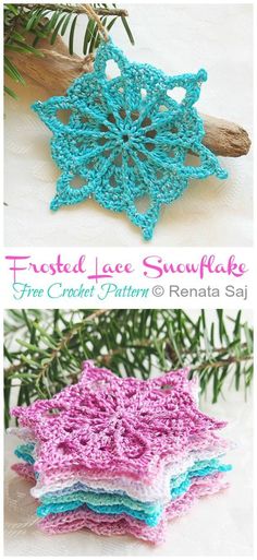 crocheted lace snowflake is shown in three different colors