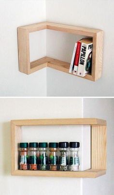 two shelves with spices and spice jars on them, one is open to show the contents