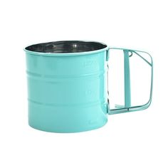 a large blue metal container with a handle on the top and bottom, holding a cup