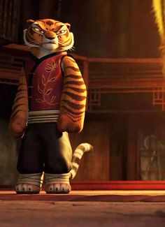 the animated character tiger is standing in front of a fire place with his head turned to look like he's ready for action