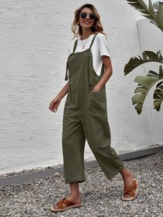 Army Green Casual Collar Sleeveless Fabric Plain Overall Embellished Non-Stretch Spring/Summer Women Clothing Green Overalls, Straps Jumpsuit, Comfy Jumpsuits, Fitted Jumper, Overall Jumpsuit, Long Romper, Green Jumpsuit, Wide Leg Jumpsuit, Comfortable Outfits