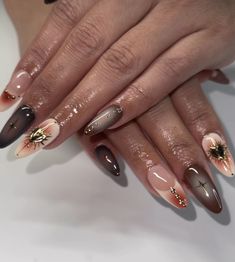 Extra Fall Nails, Earthy Nails Acrylic Almond, Earthy Almond Nails, Zoifishh Nails, Almond Nails Birthday, Earthy Acrylic Nails, Brown Aura Nails