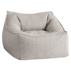 a grey bean bag chair sitting on top of a white floor