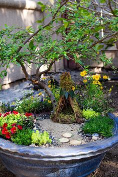 a potted planter filled with lots of flowers and plants next to a tree