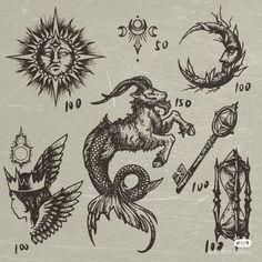 an old school tattoo design with various symbols