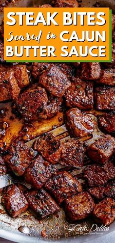 steak bites served in cajun butter sauce on a platter with text overlay