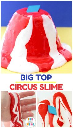 a cake with red and white frosting on top, next to the words'big top circus slime '