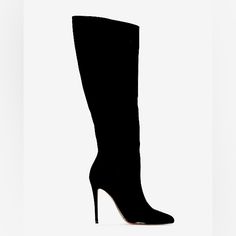 New With Tags Chic Knee-high Boots For Evening With Round Toe, Chic Suede Boots For Office, Chic Evening Knee-high Boots With Round Toe, Chic Heeled Boots With High Shaft And Medium Width, Black High Shaft Heeled Boots For Work, Chic Tall Boots With Almond Toe, Chic Knee-high Boots For Night Out, Chic Knee-high Boots With High Shaft For Party, Black High Shaft Boots For Work