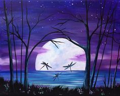 a painting of two dragonflies flying over the ocean under a purple moonlit sky