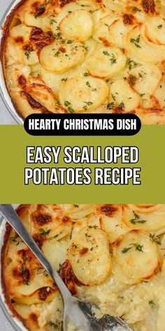 a pizza with potatoes on it and the words hearty christmas dish easy scalloped potatoes recipe