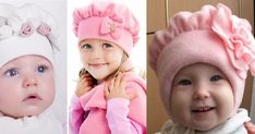 three pictures of babies wearing hats and scarves