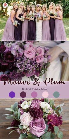 the wedding party is posing for pictures with their bouquets in purple and pink tones