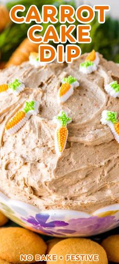 carrot cake dip in a bowl with crackers around it and the words carrot cake dip on top