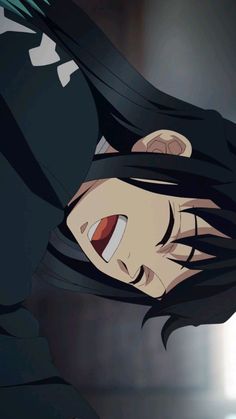 an anime character with black hair and red eyes