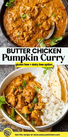 butter chicken pumpkin curry in a bowl with rice and pita bread