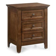 a wooden night stand with three drawers and one drawer open on the bottom, in brown wood