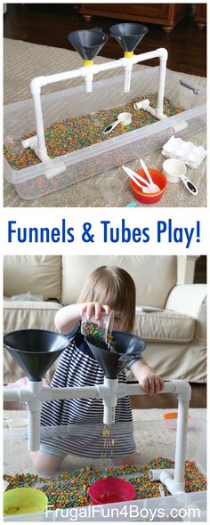 a child playing with funnels and tubes