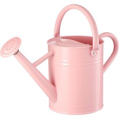 a pink watering can with a handle and spigot on the side, isolated against a white background