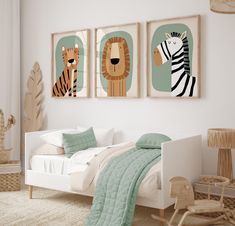 a bedroom scene with focus on the bed and two framed pictures above it, along with a rocking chair