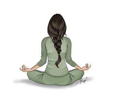 a woman is sitting in the lotus position with her long hair pulled back and eyes closed