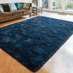 a living room with a brown couch and blue rug on the floor in front of a window