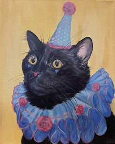 a painting of a black cat wearing a birthday hat