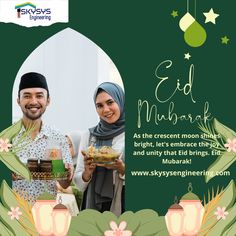 two people holding food in front of a green and white background with the words eid mubarak