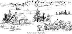 a drawing of a cabin in the mountains with trees and grass on the foreground