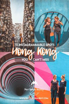 two women standing in front of a giant mural with the words hong kong you can't miss