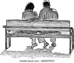 two people sitting on a bench looking at each other, vintage line drawing or engraving illustration