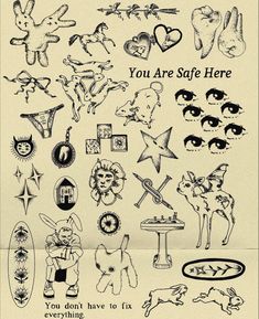 an old school poster with many different tattoos on it's back side and the words, you are safe here