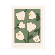 an art print with white flowers and green leaves