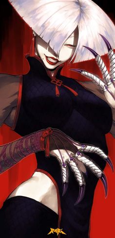 an anime character with white hair and red eyes, holding her hands in the air