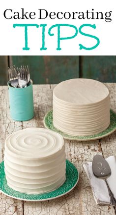 a cake sitting on top of a wooden table next to a knife and fork with the words cake decor tips written above it