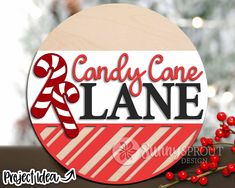 a candy cane lane sign on top of a table with red berries and christmas decorations