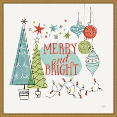 a merry and bright christmas card with ornaments