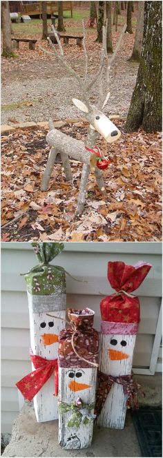 two pictures with different types of decorations in the same photo, one is made out of toilet paper and the other has wrapped presents